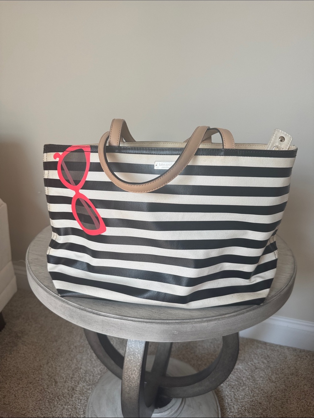 kate spade Black & White Striped Tote with Tan Handles